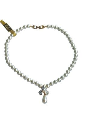 Vintage NWT Rachel 70s Pearl Bow Pendant Necklace Swarovski Crystal Drop 16”